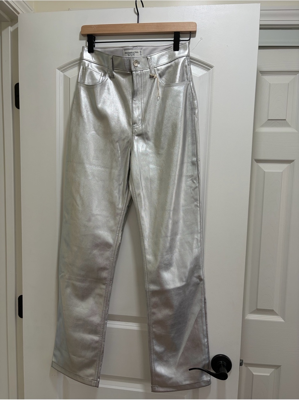 Abercrombie & Fitch Metallic Silver Vegan Leather 90s Straight Pants NWT